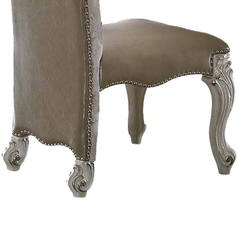Faux Leather Upholstered Wooden Side Chair with Scrolled Carvings, White, Set of 2