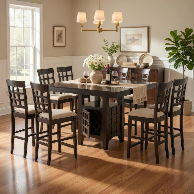 Uric Counter Height Dining Table w Wine Storage, 8 Lattice Chairs, Brown