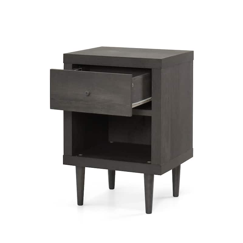 Sleek Gray Nightstand with Mid-Century Flair, Faux Wood Finish