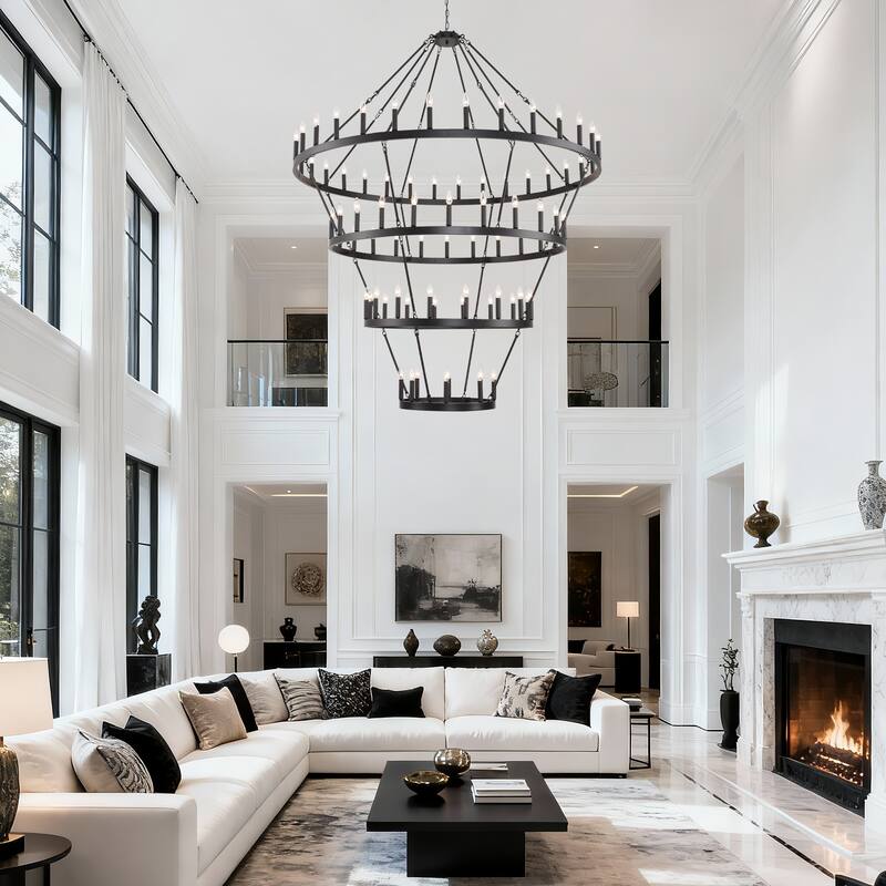 70.87INCH Tiers Wagon Wheel Chandelier Farmhouse 60-Light, Gold Color Metal 4-Story Light Fixtures Adjustable Height E12