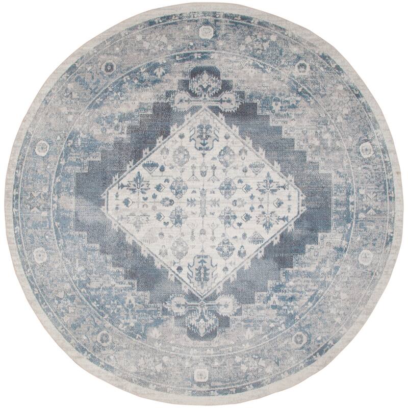 Nourison Astra Machine Washable Distressed Area Rug - 8' Round - Blue/Ivory