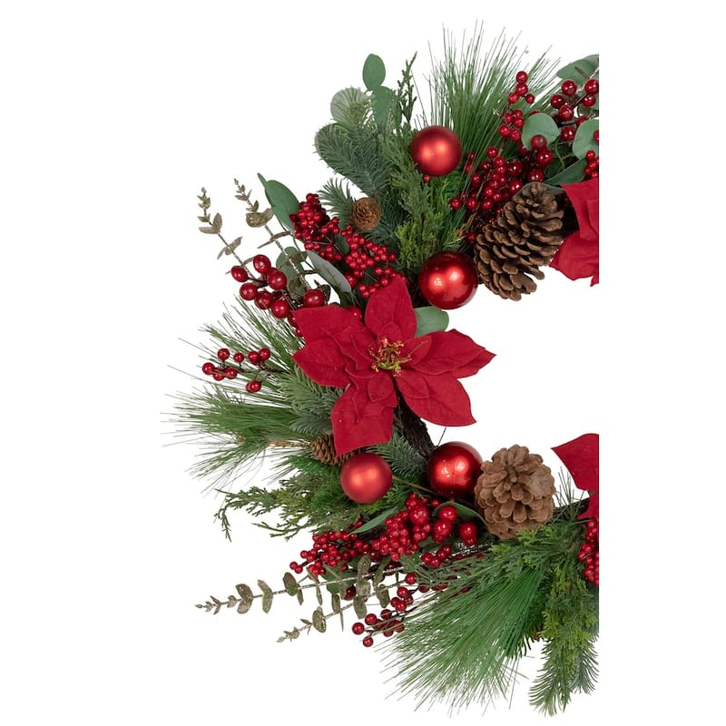 Artificial Red Berry and Poinsettia Christmas Wreath, 28-Inch, Unlit