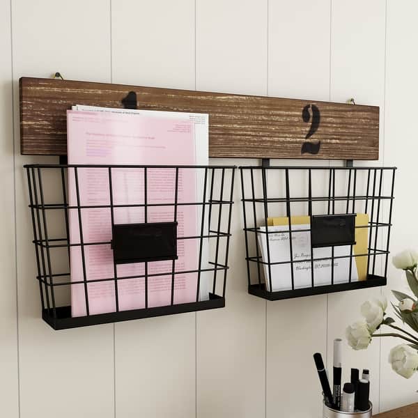 slide 2 of 7, Hanging Double Wire Basket Organizer - Wall Mount Storage, Rustic Style by Lavish Home - 24 x 2.5 x 12