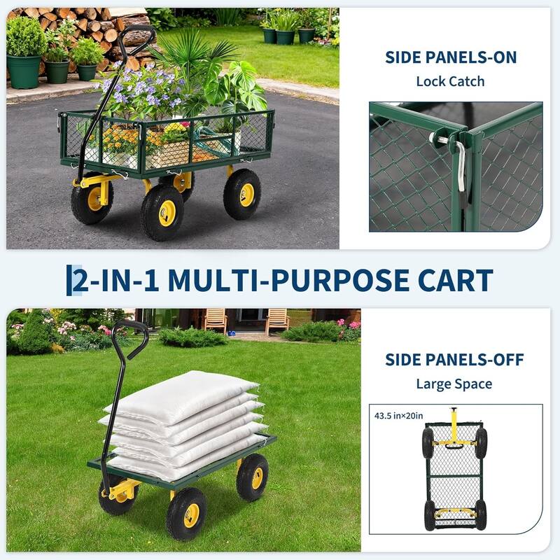 900-lb Capacity Steel Garden Cart Removable Mesh Sides Convert to Flatbed and 180Degree Rotating Handle Green