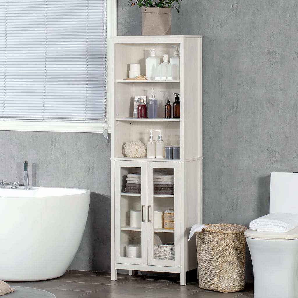 Antique White Particleboard Tall Bathroom Cabinet with Glass Doors - 20.75"L x 11.75"W x 63.75"H