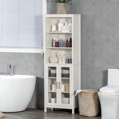 Tall Bathroom Cabinet, Linen Tower with Adjustable Shelves, 3 Tier Shelf & 2 Glass Door