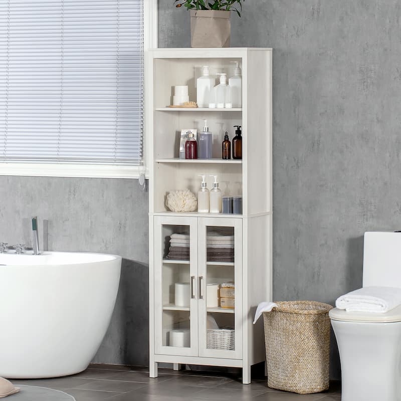 kleankin Tall Bathroom Storage Cabinet with 3 Tier Shelf, Glass Door Cupboard, Freestanding Linen Tower with Adjustable Shelves - Antique - White