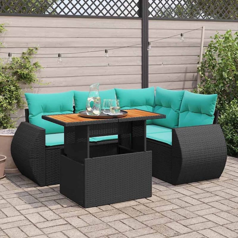 vidaXL Patio Sofa Set with Cushions Outdoor Furniture 5 Piece Poly Rattan - 24.4 x 24.4 x 27.2 - Black-with storage