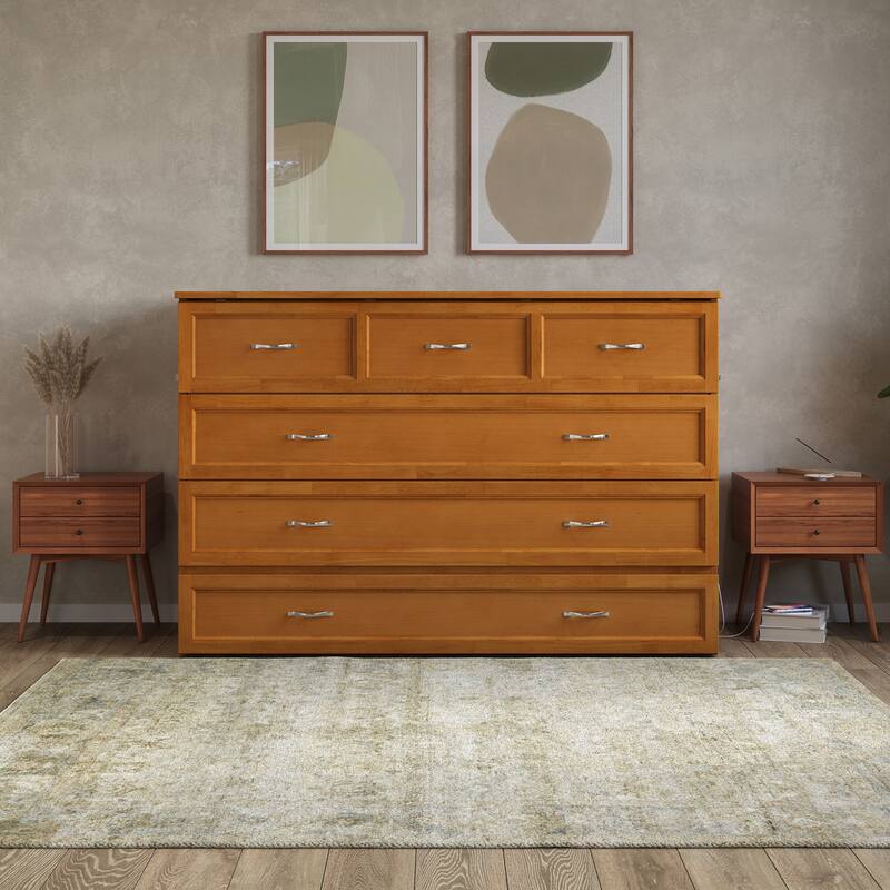 Northfield Queen Murphy Bed Chest with 6" Mattress, Storage Drawer & Built-In Charger in Light Toffee