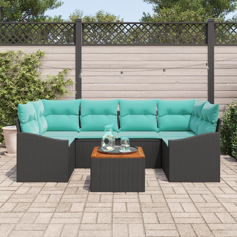 vidaXL 7 Garden Sofa Set with Cushions Black/Grey Poly Rattan - 92.1 x 48.6 x 27.2