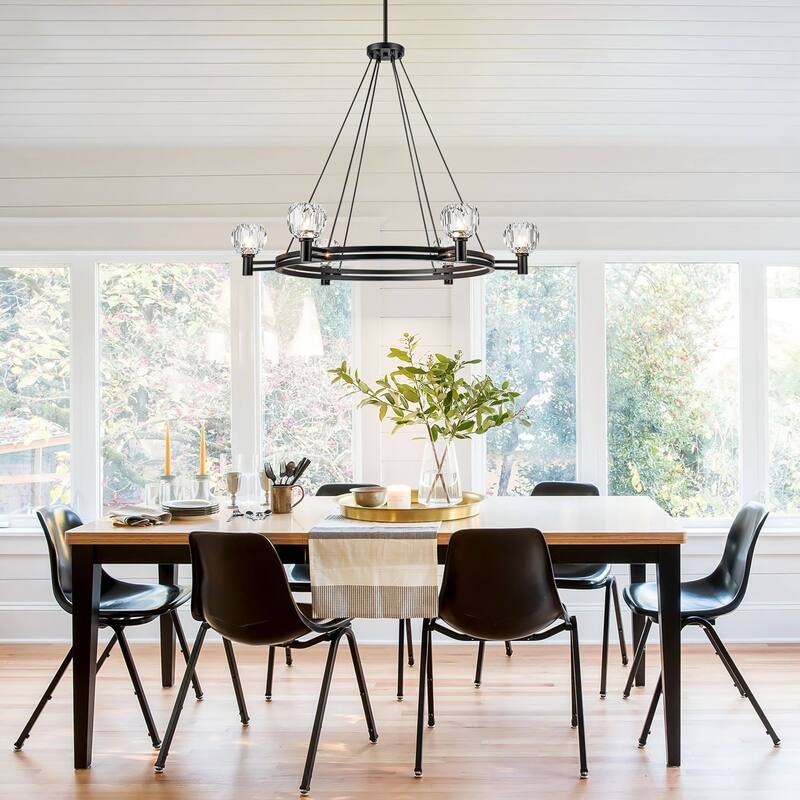 Black Farmhouse Modern Rustic Wagon Wheel Crystal Chandelier - 35.83 in. W x 27.17 in. H x 35.83 in. D