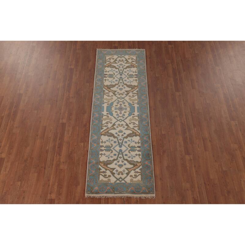 Earth Tone Oushak Runner Rug Hand-Knotted Wool Carpet - 2'7"x 7'9"