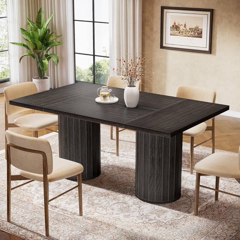 63 Inches Black Engineered Wood Dining Table, Modern Kitchen Table for 6 People