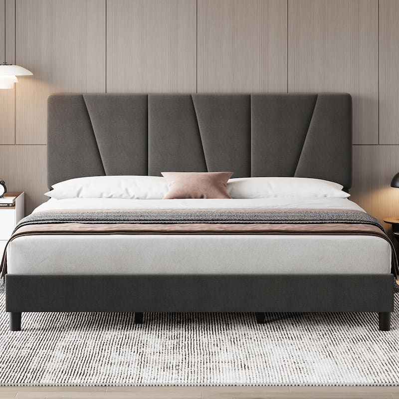 Grey Velvet Upholstered Platform Bed Frame with Wooden Slats - King