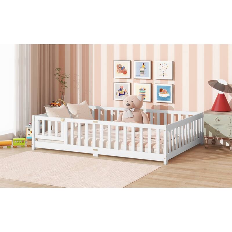 Roomfitters Twin/Full/Queen Rubber Wood Floor Bed with Fence and Swing Door, Safety Guardrails, Low Profile Design