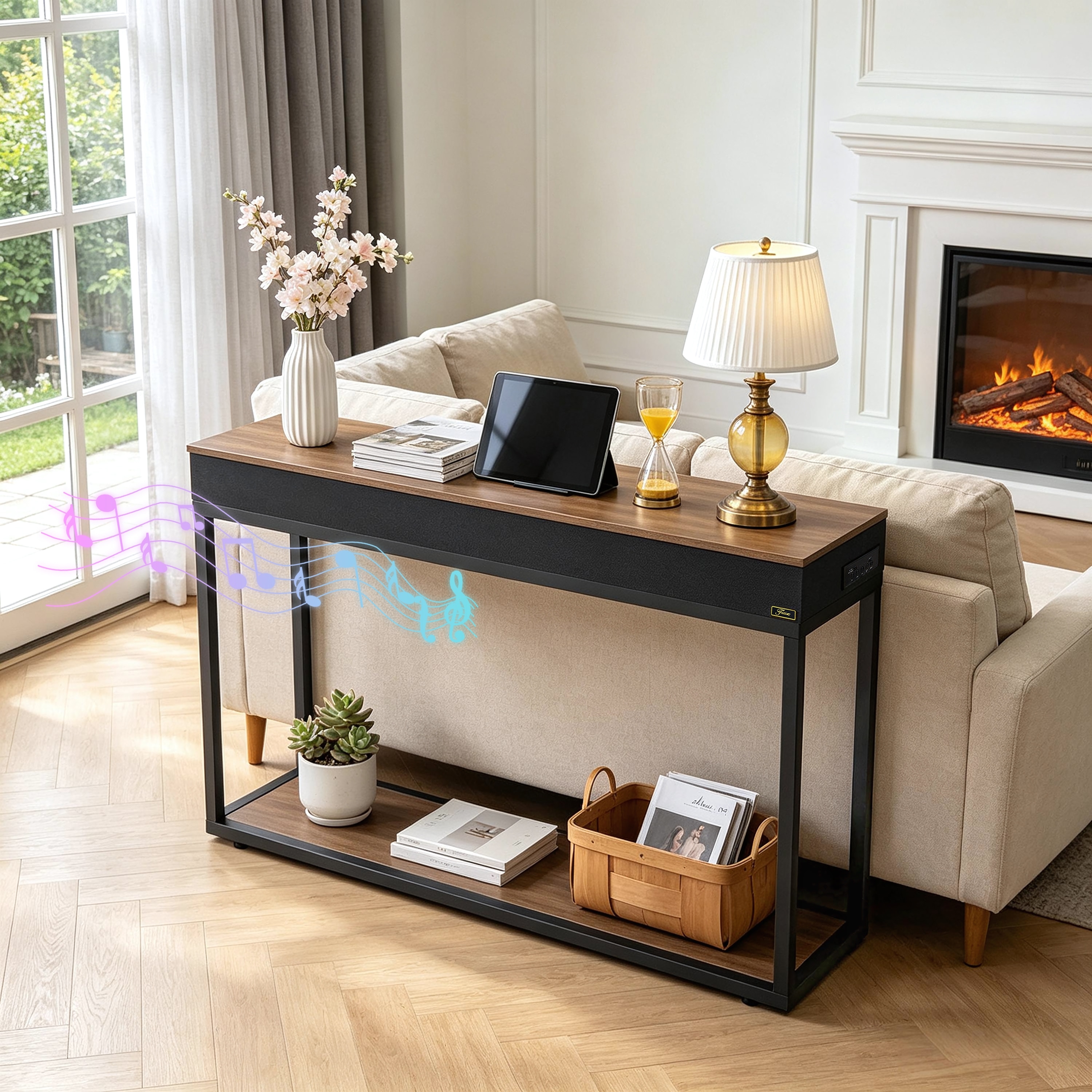 Walnut Metal 2-tier Entryway Console Table with Speaker