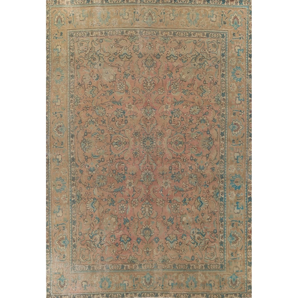 Pink Floral Tabriz Persian Vintage Rug Hand-Knotted Wool Carpet - 9'6"x 12'9"