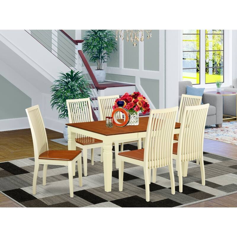 HomeStock 7-Piece Buttermilk and Cherry Finish Solid Wood Top Dining Table with 6 Chairs with Lattice Back