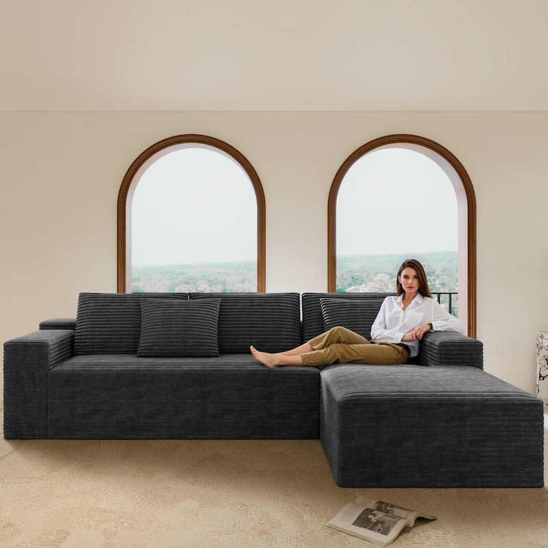 104" Sectional Couch with L-Shape Chaise, Modern Upholstered Couches with Deep Seat, Corduroy Sponge Compressed Sofa - Grey