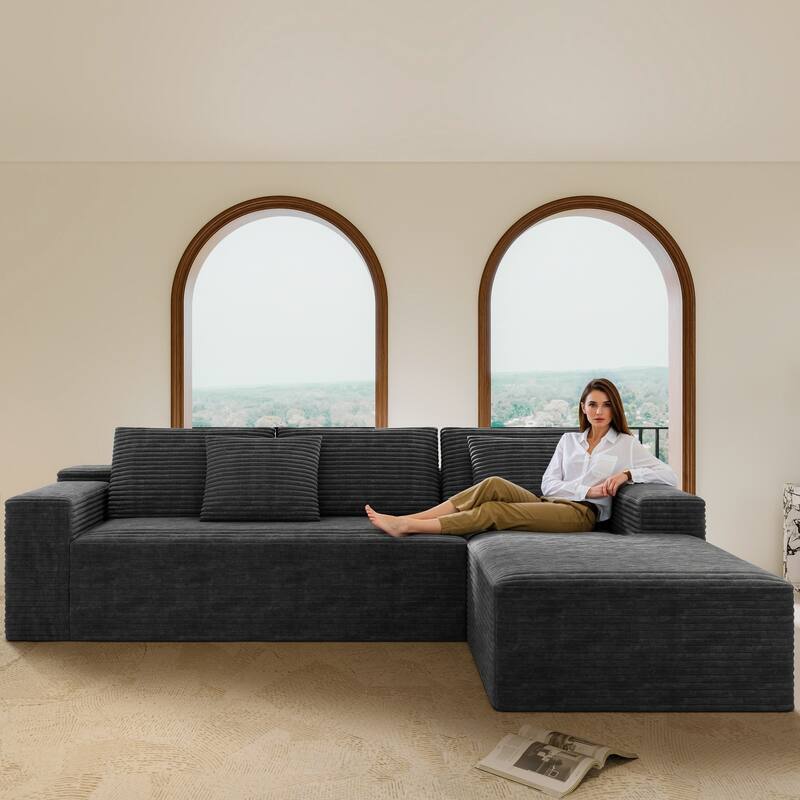Modern L-Shaped Corner Couch, Corduroy Modular Sectional Sofa Set, Upholstered Boneless Sleeper Sofa with Chaise - Grey