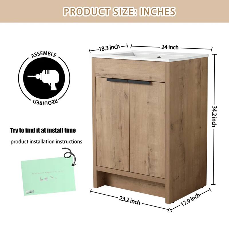 Malwee 24"/30"/36" FreeStanding Bathroom Vanity, Floor Stand Bathroom Vanity with Sink,Soft Close Door and Adjustable shelf