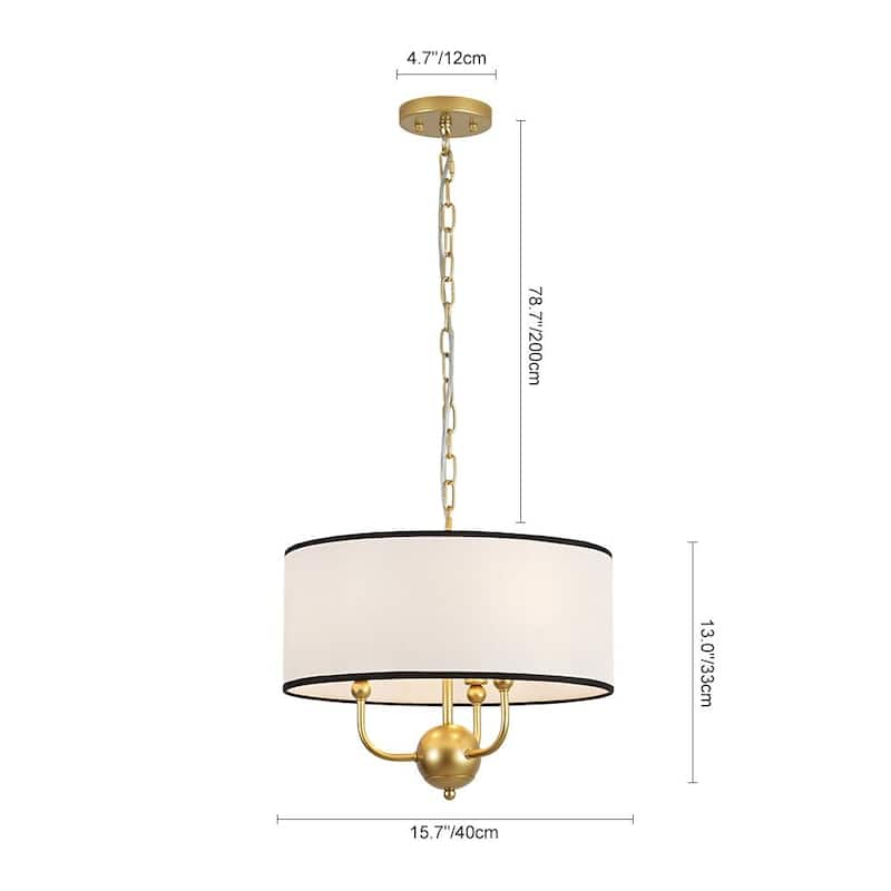 Classic 3-Light Black Edge Linen Drum Pendant - 15.7 in
