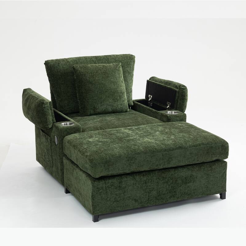 Chenille Oversized Accent Chair with Ottoman, USB Charging Ports and Convertible Sofa Bed Design