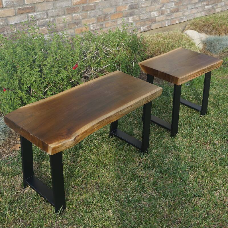 Greenage Pieced Teak Rectangle Bench Rustic Metal Seating Chair
