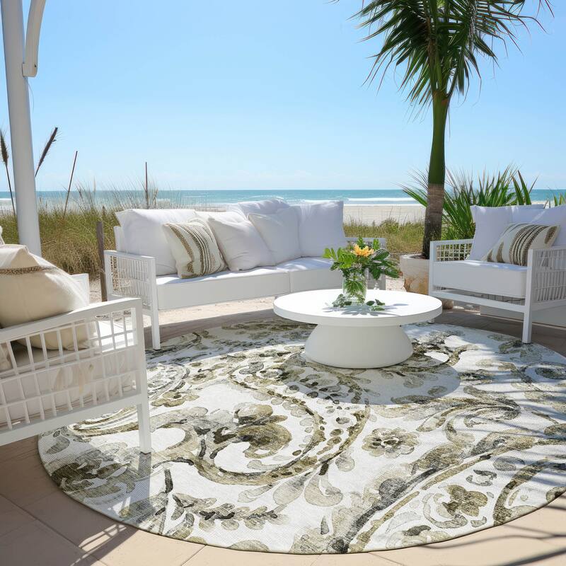 Machine Washable Indoor/ Outdoor Chantille Traditional Scroll Rug - Brown - 8' x 8'