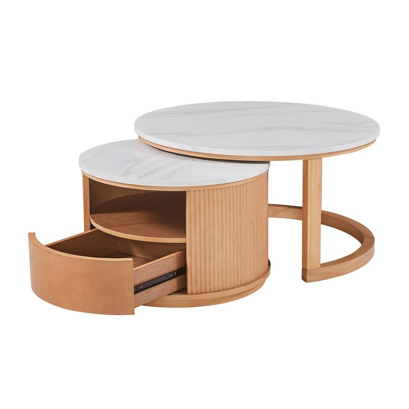 Round Nesting Coffee Table with White Marble Top, 2-Tier storage and 1 drawer, Natural, 28.5"