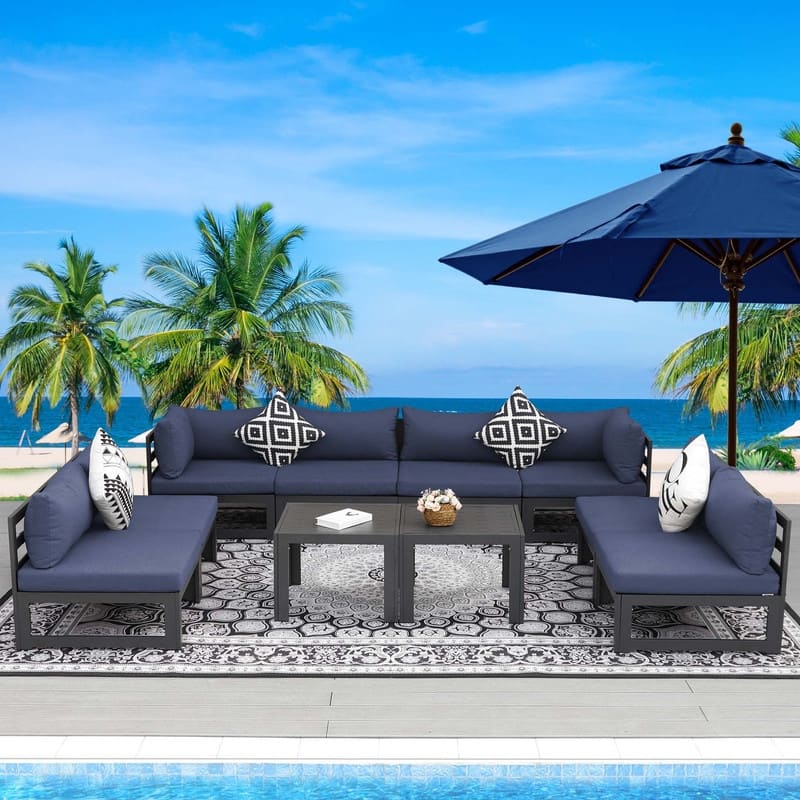 FINCATI Aluminum Outdoor Patio Furniture Conversation Sectional Sofa Set - 10 Pieces/Sectional - Blue