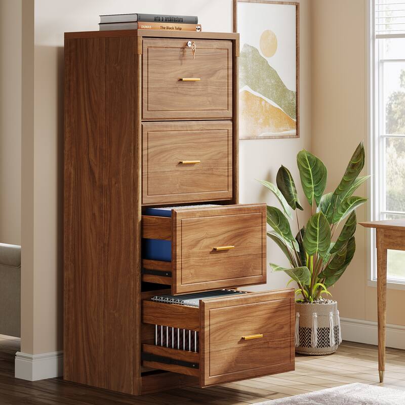 4-Drawer File Cabinet with Lock and Key, Vertical Filling Cabinet for A4/Letter/Legal Size Files - Brown (1-PC)