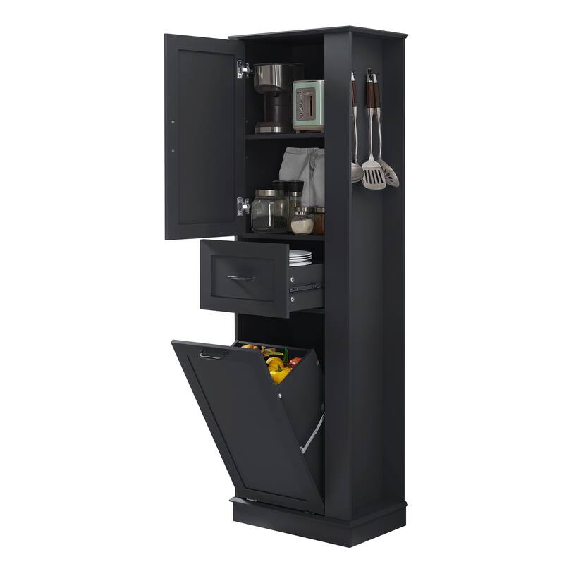 Modern Tall Storage Cabinet - Tilt-Out Compartment, Adjustable Shelves, 80LBS Capacity, Soft-Close Hinges