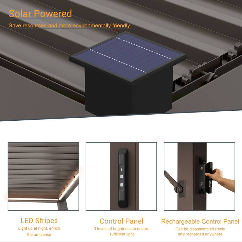 LIVOOSUN Outdoor Detachable Control Panel LED Equipped Pergola, Solar and USB Charging Options, Brown
