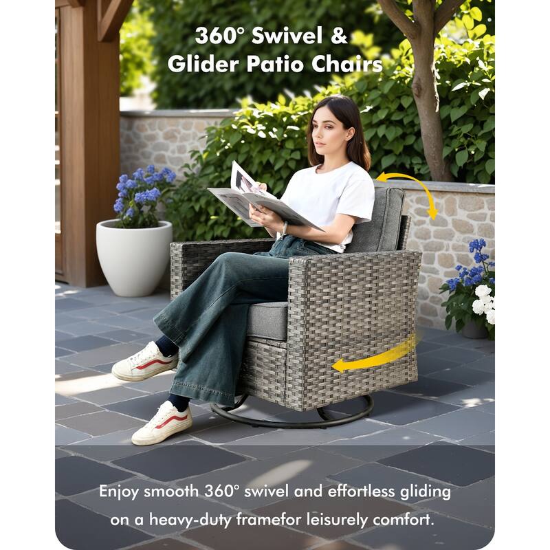 OVIOS 10 Pieces Outdoor Swivel Chair Set with Solar-Powered Table & 54" Fire Table