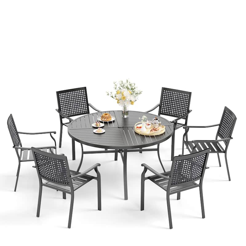 MAISON ARTS 7-Piece Patio Dining Set , Large Round Dining Table with Umbrella Hole & Metal Swivel Dining Chairs