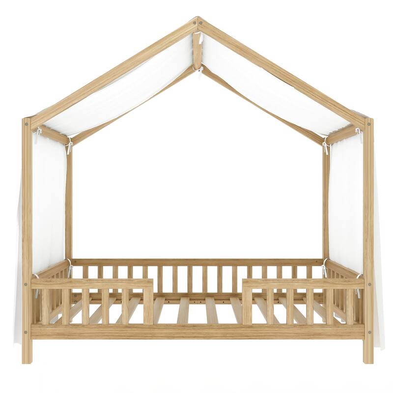 Twin Bed Frame for Kids, House Shape Toddler Bed Frame with High Railings, Wood Kids Bed with Roof