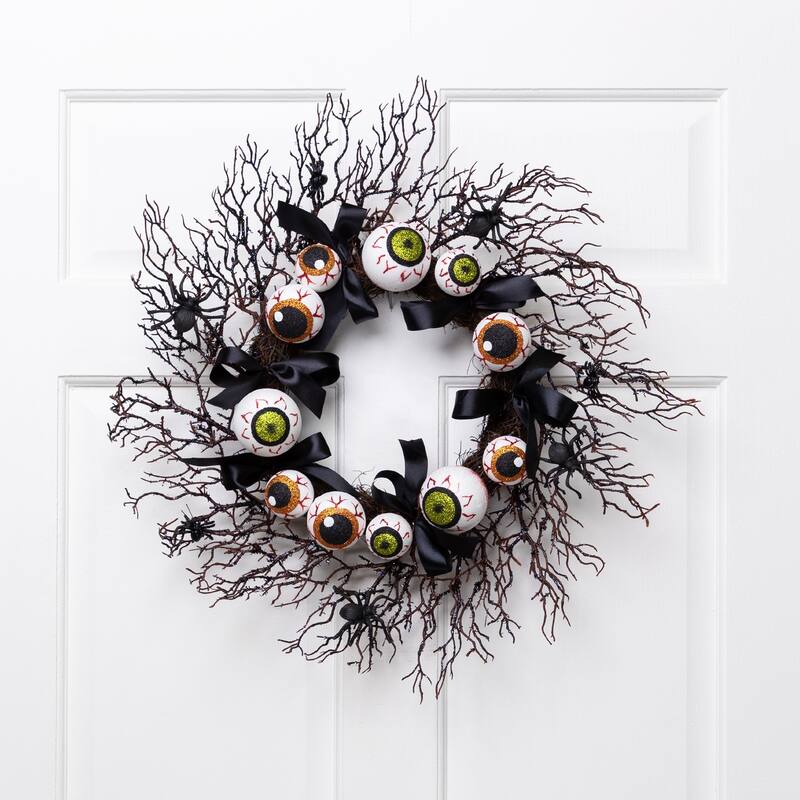 Eyeballs and Spiders Halloween Twig Wreath - 24" - Unlit