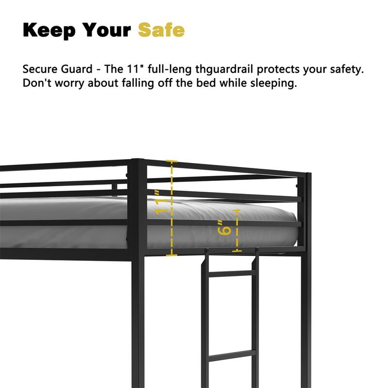 Sturdy Junior Twin Loft Bed Black for Kids,Loft Bed with Guardrails