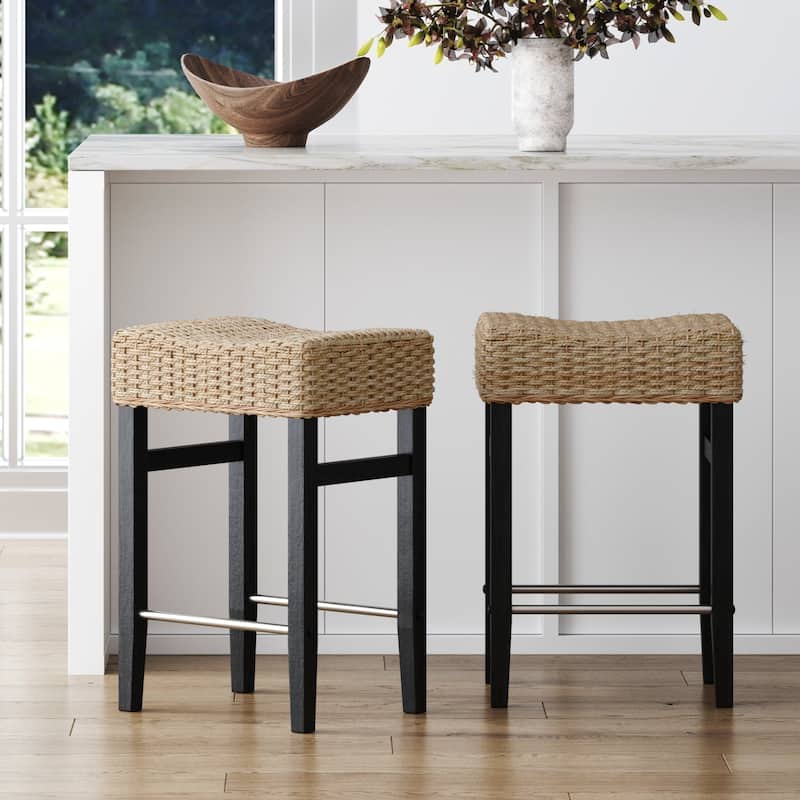 Harvey Rattan Bar Stool, Bohemian Counter Height Stool with Woven Seagrass Seat, Solid Wood Legs, and Metal Footrest