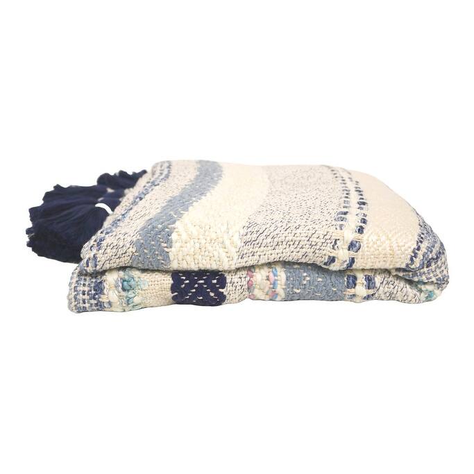 Home&Manor Handcrafted Wool & Cotton Throw Blanket Blue Drift