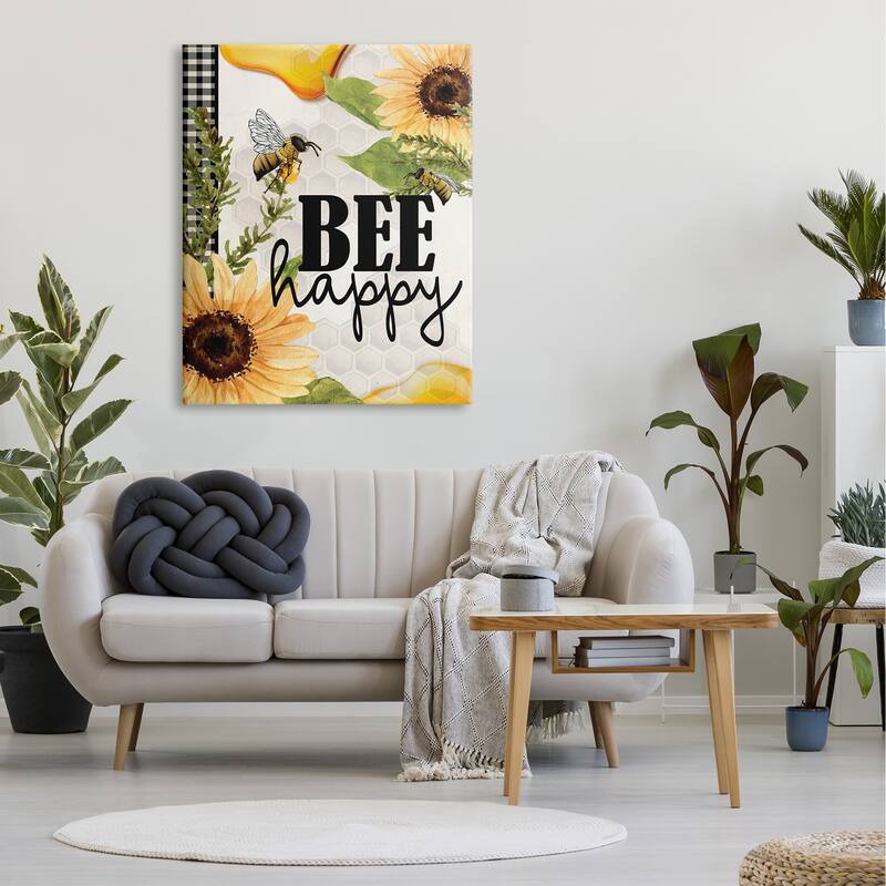 Stupell Bee Happy Sunflower Insect Hive Harvesting Honey Canvas Wall Art - Yellow