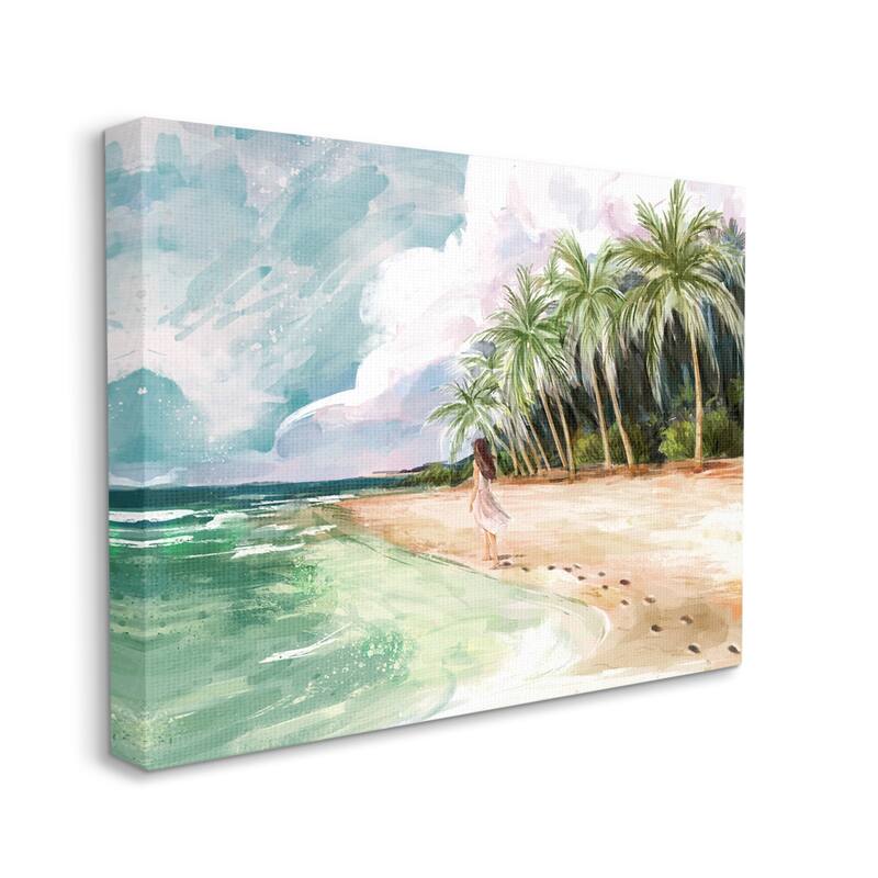 Stupell Woman Walking Sandy Footprints Tropical Beach Coast Canvas Wall Art - Blue