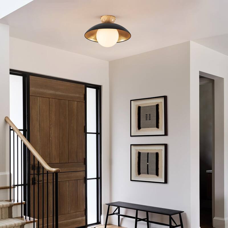 1-Light Modern Black Dome Gold Leaf Semi-Flush Mount Light w/Opal Glass Globe Bubble Shade - 14.5 in. W x 9.8 in. H