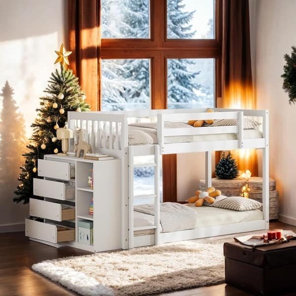 slide 2 of 52, Luxury Twin over Twin Bunk Bed with 4 Drawers, 3 Shelves and Built-in Ladder for Maximized Space