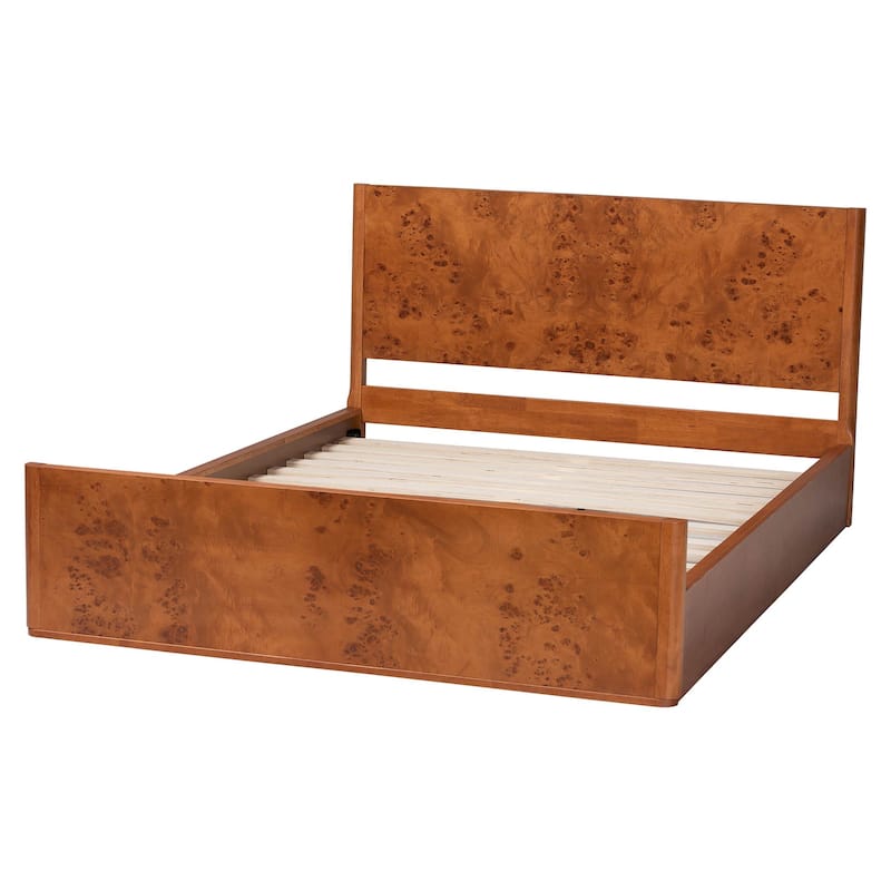 Fuentes Real Burl Wood Bed Frame - Modern Low-Profile Platform Bed with Accent Footboard, Mid-Century Inspired Furniture, Queen