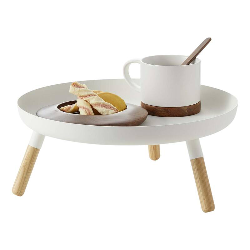 Yamazaki Home Countertop Pedestal Tray, Steel and Wood, Holds 3.3 lbs, Minimal Assembly - L 12.6 x W 12.6 x H 5.12 inches - White - Steel