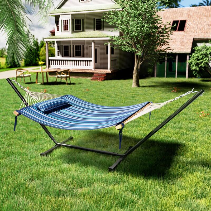 VEIKOUS 12 ft. Quilted Camping Portable Hammock with Stand and Detachable Pillow for 2-Person - Blue