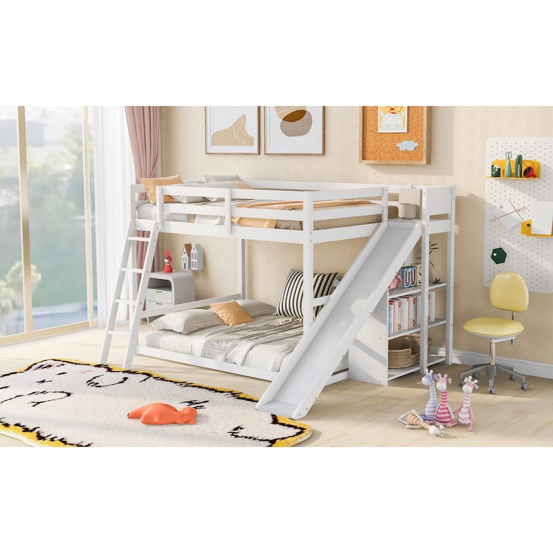 Full over Full Bunk Bed with Ladder, Slide, and Shelves in White