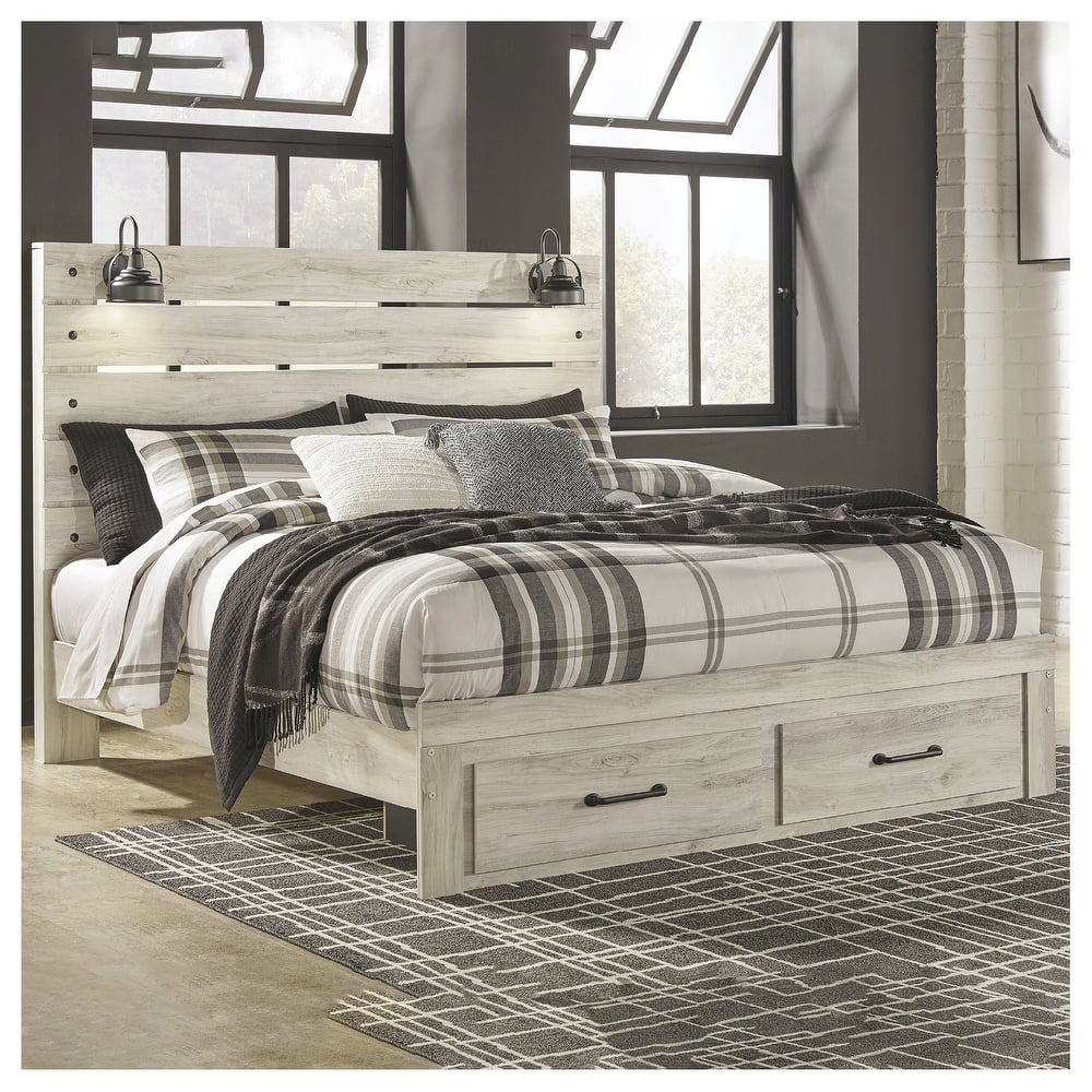 Cambeck Whitewashed Panel Bed w/ 2 Footboard Storage Drawers